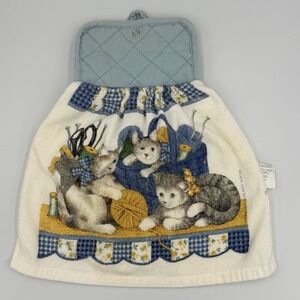 VTG Franco Cats Hanging Kitchen Towel Blue Gingham Kittens Yarn Farmhouse Granny